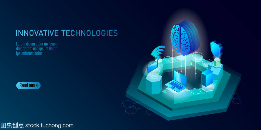 等距人工智能業(yè)務(wù)概念。藍(lán)色發(fā)光等距個(gè)人信息數(shù)據(jù)連接 pc 智能手機(jī)人腦未來(lái)技術(shù)。3d 圖表矢量圖